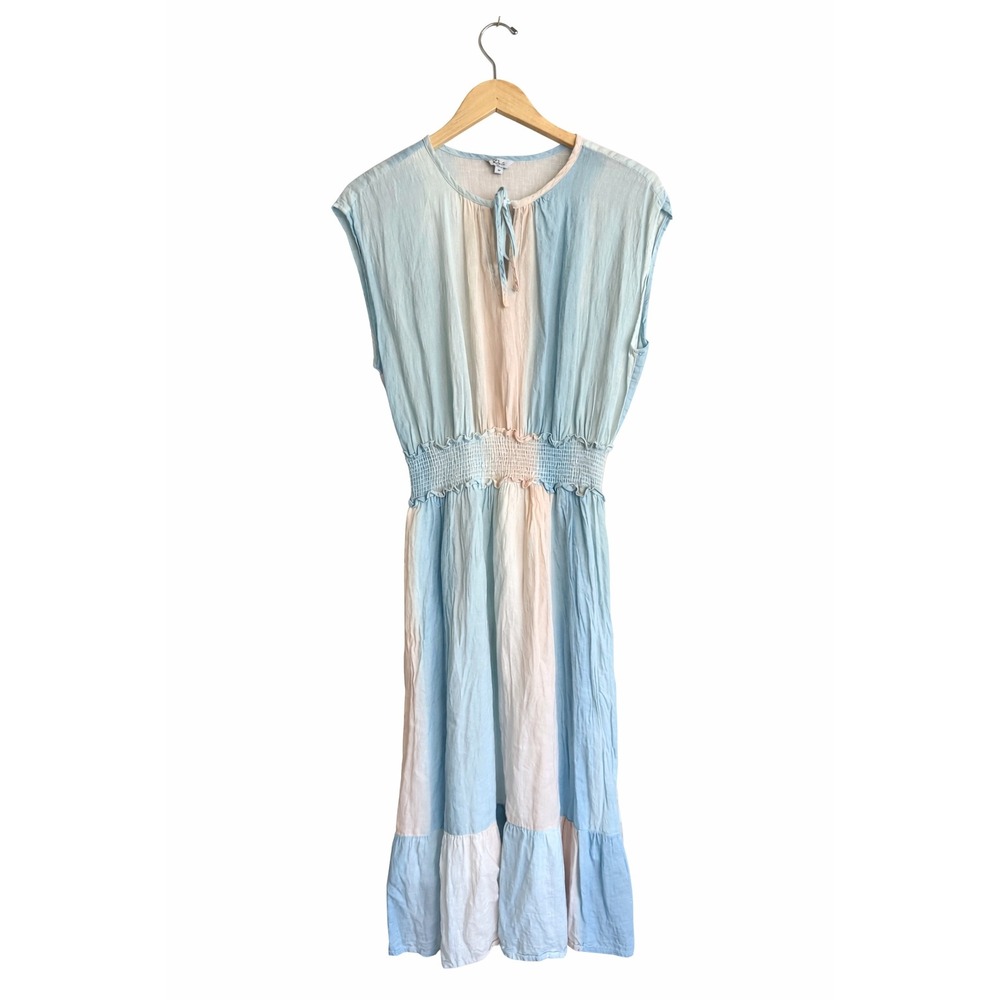 Rails Ashlyn Pastel Stripe Gauze Midi Dress Blue Peach Smocked Waist Size M